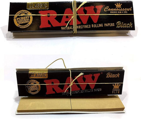 RAW CLASSIC BLACK Connoisseur King Size Slim Papers + Tips | Shisha Glass